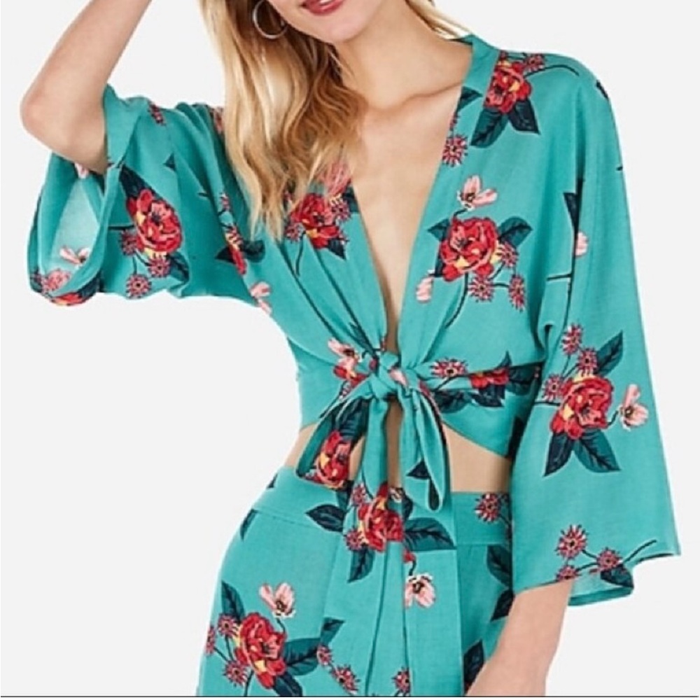 Express Teal Kimono with Pink Floral Design